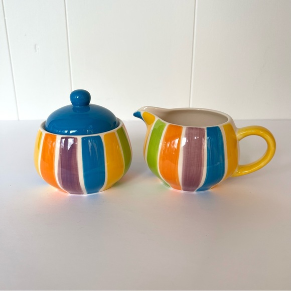Vintage Hand Painted Cabana Stripes Sugar & Creamer Canhome Thailand - Picture 2 of 11